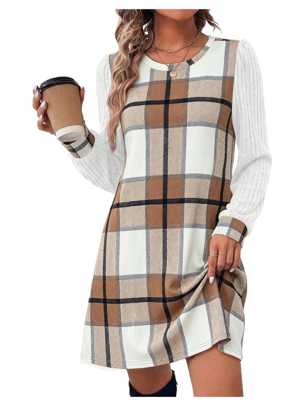 Women's Casual Long Sleeve A-Line Sweater Dress with Pockets